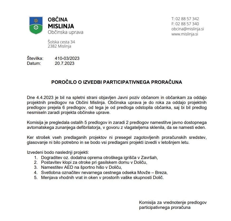 Poročilo o izvedbi participativnega proračuna